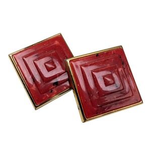 Vintage Large Bold 80s Earrings Red Geometric Square Gold Tone Statement Clips